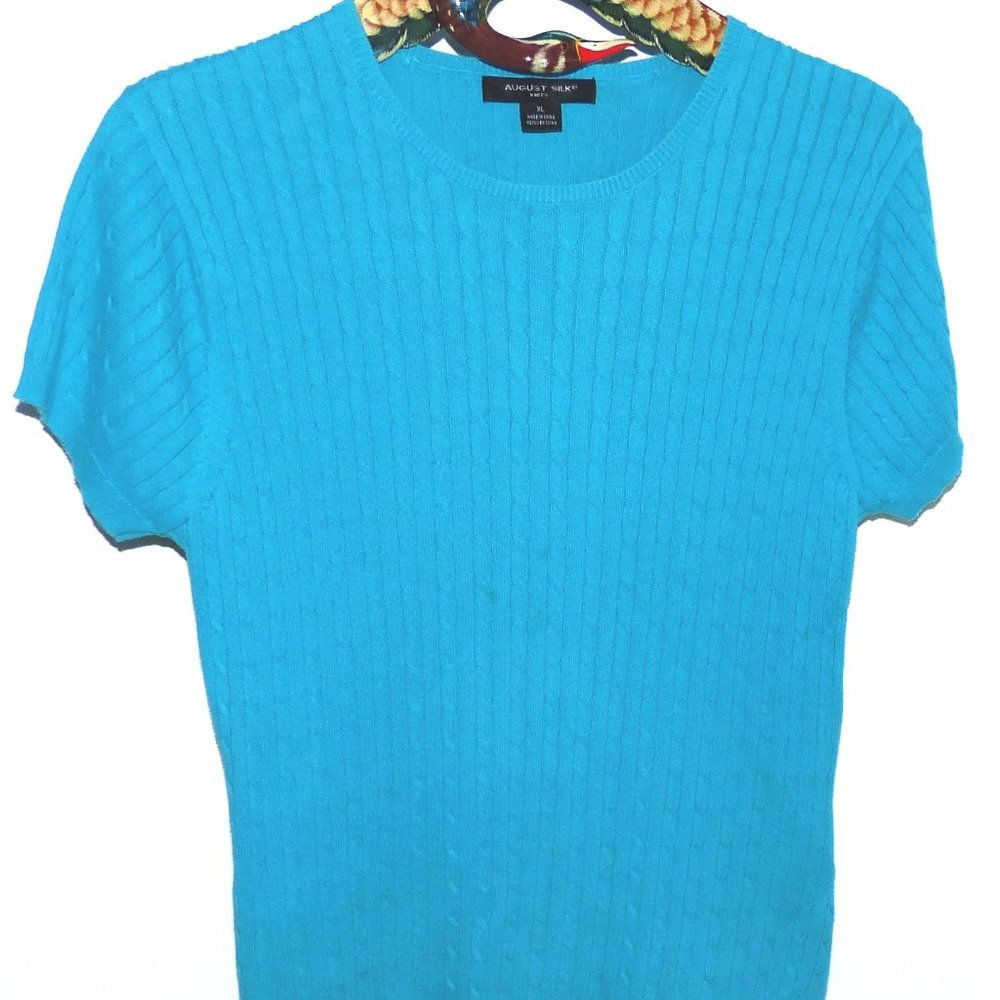 August Silk Turquoise Short Sheeve Cable Knit Sweater Size XL